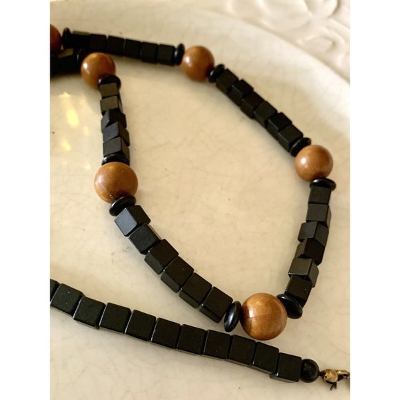 vintage Bohemian Wooden beaded Necklace Exotic Black Brown Mixed Shapes - Picture 4 of 9